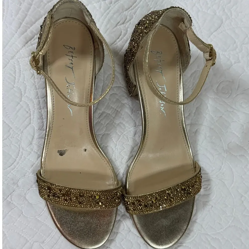 Betsey Johnson Women’s 7 Gold Hanna Beaded Strap Sandals Dress Wedding Heels